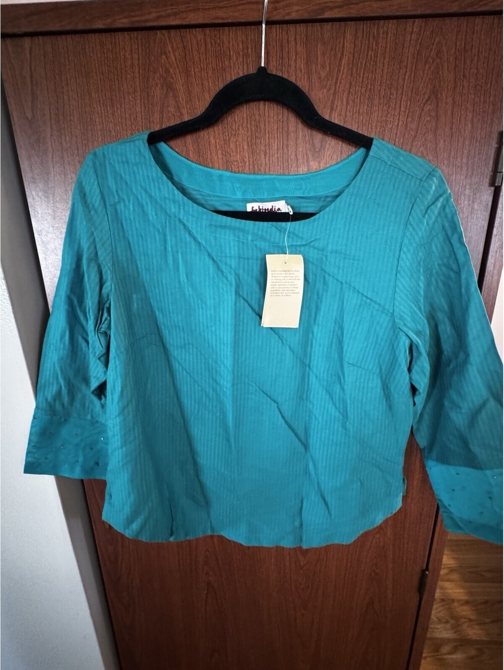Fabindia Womens Medium Teal Hand Embroidered Viscose Blend Top India NWT